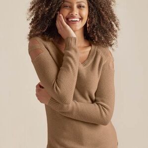 Washed but never wore. Cutout Sleeve Sweater size small. Color- light brown